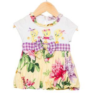 Monnalisa Tweety Girls' Floral Bow-Embellished Dress w/ Tags Size: 3-6M